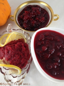 3 Cranberry sauces from left to right: Orange Cranberry, Easy Cranberry Sauce and Sherried Cranberry Sauce