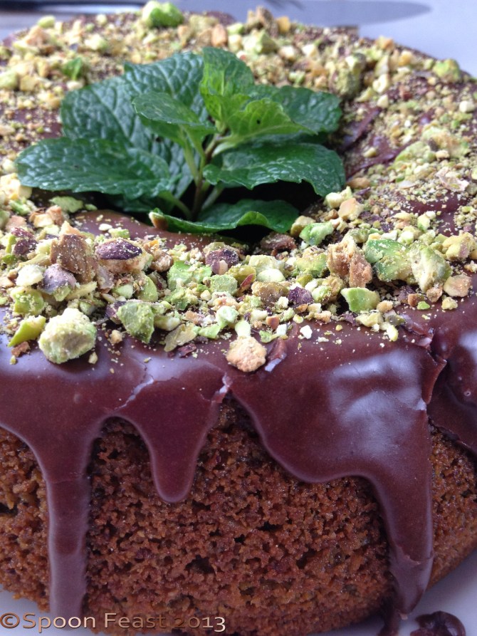Pistachio Cake with Chocolate Drizzle