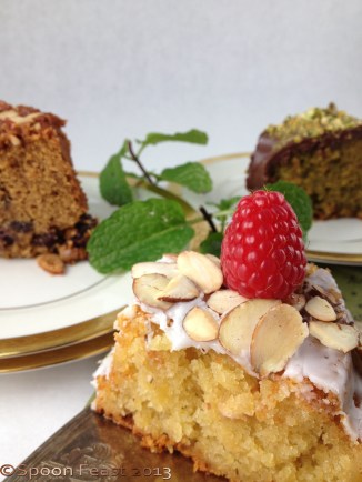 Almond Cake with raspberries, fondant drizzle and toasted almonds