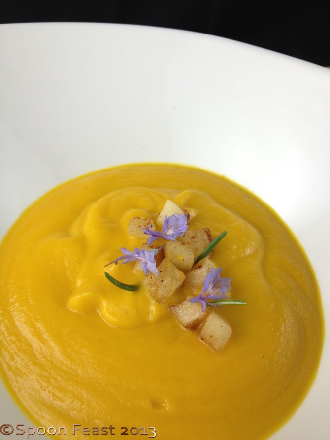 Butternut Squash Soup with Sauteed Apples and Rosemary Flowers