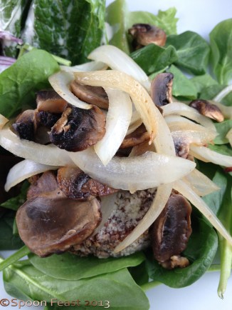 Bean Burger topped with sauteed onions and mushrooms