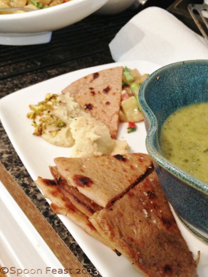 Socca with soup, hummus and baba ganoush