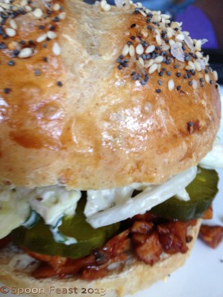 BBQ Chicken Sandwich on a Sandwich Roll with Cabbage and Kale Slaw and Sweet Pickle Chips