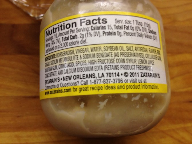 Label of commercially prepared horseradish  
