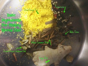 Gather these things to make Chai. include black tea or burdock root or another herb if you prefer.