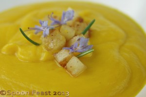 Butternut Squash Soup with Sauteed Apples and Rosemary Flowers